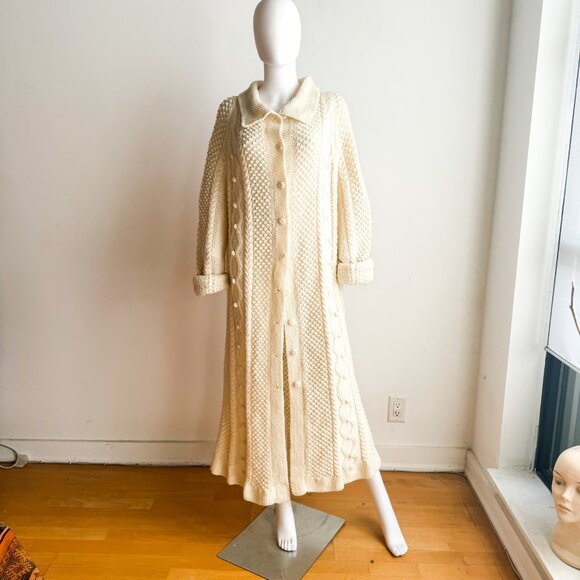 Vintage Ivory Maxi Chunky Cable Knit Sweater Coat XL - Picture 3 of 7